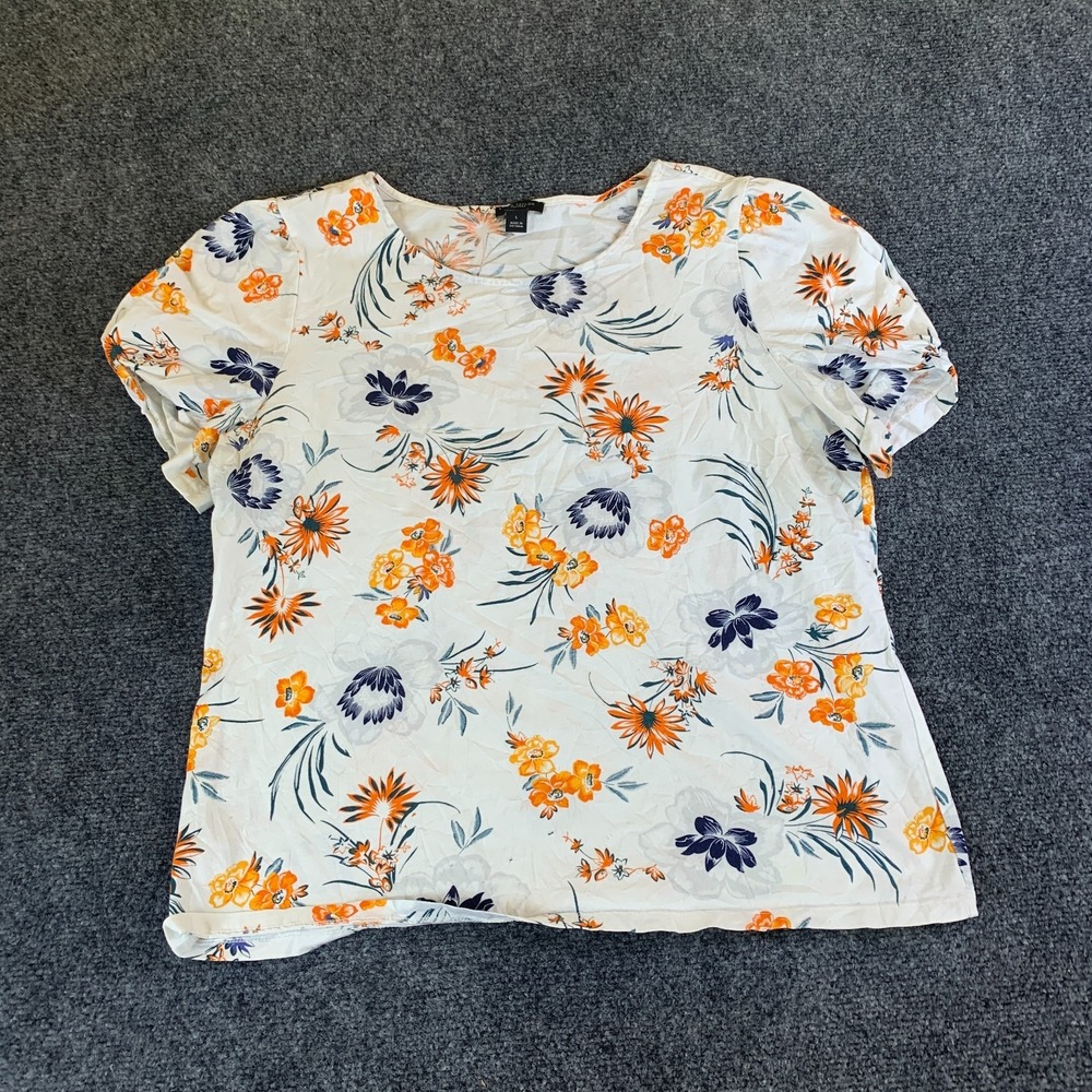 Ann Taylor Factory Blouse Womens Large White Floral Good Short Sleeve Cotton Top